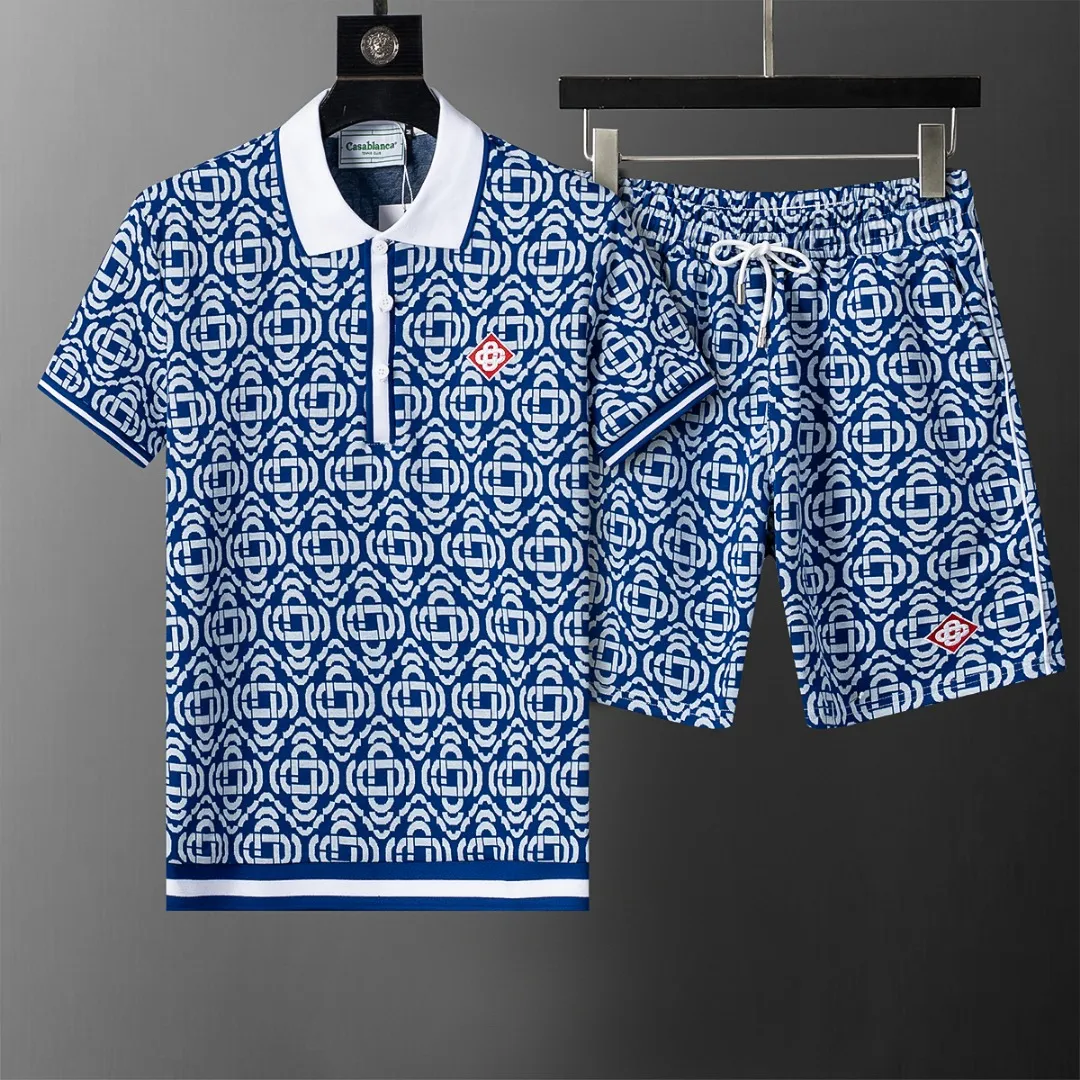 6651# 2026 spring and summer New Arrival men's lapel short-sleeved shorts suit, knitted jacquard fabric, fashionable and handsome style, comfortable fabric, rigorous workmanship, and neat wiring. Good upper body effect·Sizes M-3XL Blue